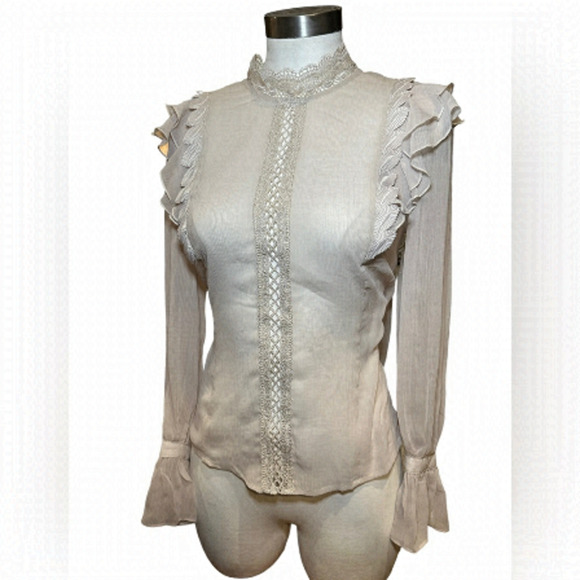 Sheer blouse, lace detail, laser cut, bell sleeve - Picture 1 of 6